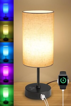 Ascher RGB Table Lamp Color Changing - 3 Color Temperatures and Stepless Dimmable Small Bedside Lamp for Bedroom, Touch Control Nightstand Light with Flaxen Shade for Reading Home Decor Lights