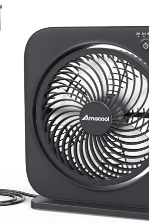 AMACOOL Table Fan, 12 inch Box Fan with 3 Adjustable Speeds & 8HRS Timer, 270° Pivoting Quiet Air Circulator, Desktop Fan for Bedroom Bathroom Kitchen Office, AC Adapter Included-Black