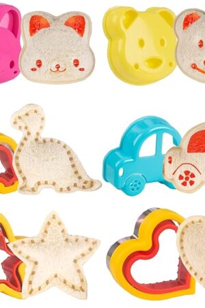 6 PCS Sandwich Cutters and Sealers Set, Uncrustable Crustless Sandwich Maker for Kids Lunch, Cookie Cutters for Boys Girls, Dinosaur Heart Star Bear Rabbit Car Shape