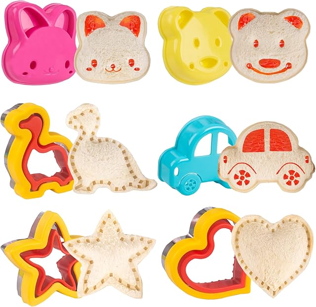 6 PCS Sandwich Cutters and Sealers Set, Uncrustable Crustless Sandwich Maker for Kids Lunch, Cookie Cutters for Boys Girls, Dinosaur Heart Star Bear Rabbit Car Shape