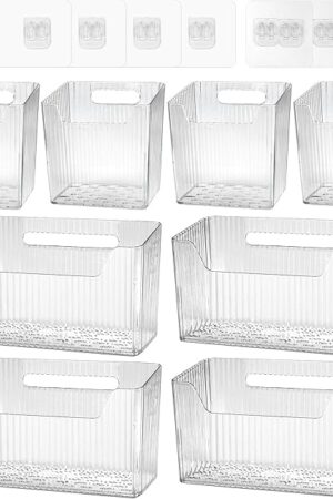 8 Pcs Storage Organizer Bins - Wall Mounted Basket in 2 Sizes, Clear Cabinet Door Stackable Adhesive Hanging Bin for Bathroom, Kitchen, Pantry