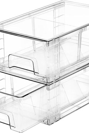 2 Pack Stackable Storage Drawers, 12 Inch Plastic Organizers Bins, Drawers Storage with Handles and Movable Dividers for Organization and Storage in Dressers, Pantry, Kitchen Cabinets, Under Sink