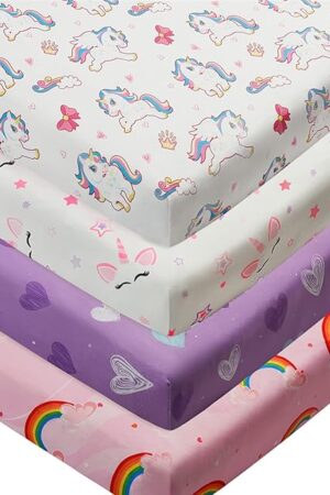 4 Pack Crib Sheets Baby Girl Unicron Rainbow Heart Unisex for Baby Girls