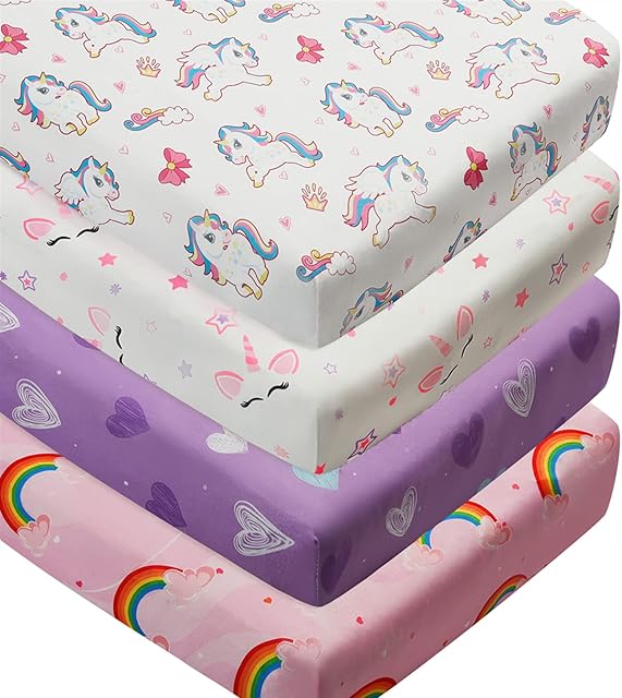 4 Pack Crib Sheets Baby Girl Unicron Rainbow Heart Unisex for Baby Girls