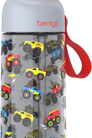 Bentgo Kids Water Bottle - Leak-Proof, Durable Tritan, BPA-Free 15 oz. Cup for Kids/Toddlers Ages 3+, Safe Sip Spout, Carrying Handle, & Dishwasher Safe for School, Sports, Daycare & Camp (Trucks)