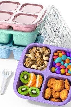 Bento Snack Containers(4 Pack), 4-Compartment Meal Prep Containers Reusable, Snackle Box Container for Kids and Adults,Divided Lunchable Container Food Storage Containers for School, Work, Travel