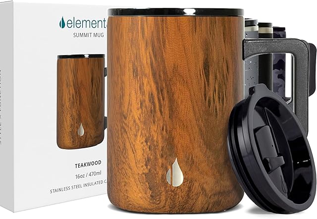 Elemental Insulated Coffee Mug, Triple-Wall Stainless Steel, 16oz | Teakwood Design | For Camping & Travel | With Lid and Handle | Summit Travel Cup | Thermal Insulation