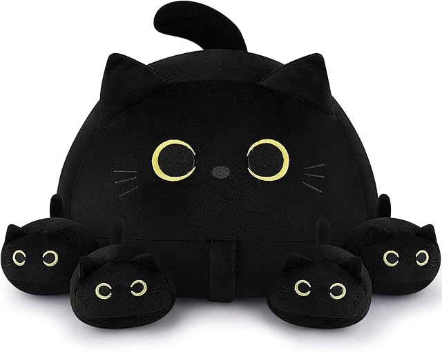 Auspicious beginning 19'' Black Cat Plush 5PCS Cat Family PlushToys,Cute Black Cat Mommy Cat with 4 Baby Kittens Cat Plushies for Kids, Kawaii Birthday Gifts for Kids Boys Girls