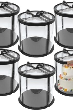 6 Pack Clear Cake Box with Ribbon, Round Transparent Tierd Cake Carrier, 10x10x9 inches Black Bakery Gift Boxess for Pastries with Lid and Black Board, Display Wedding Gift Packaging