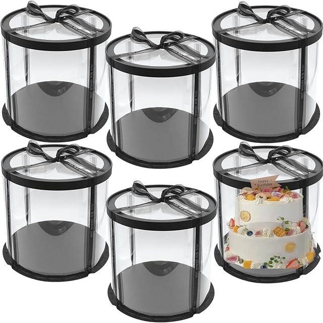 6 Pack Clear Cake Box with Ribbon, Round Transparent Tierd Cake Carrier, 10x10x9 inches Black Bakery Gift Boxess for Pastries with Lid and Black Board, Display Wedding Gift Packaging