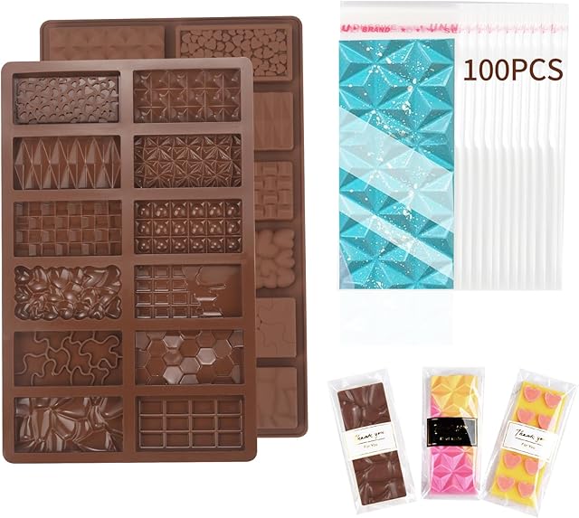 Chocolate Molds, 2Pcs Mini Silicone Chocolate Mold with 100Pcs Bags, Break Apart Non-stick Thick Chocolate Bar Mold Candy Molds Wax Melt Molds for Chocolate Bar