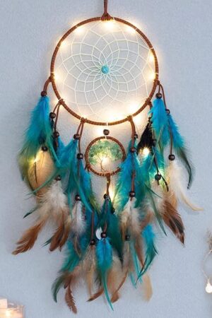 Dream Catcher Blue Tree of Life with Feathers, Mobile LED Fairy Lights Handmade Indians Traditional Circular Net for Wall Hanging Decor, Bedroom Kids, Home Decoration Wedding Party Blessing Gift