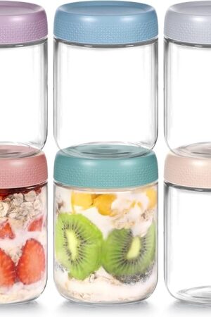 6 Pack Overnight Oats Containers with Lids, Wide Mouth Mason Jars 16oz, Glass Food Storage Containers with Airtight Lids, Overnight Oats Jars for Yogurt, Salad, Cereal, Snacks, Chia Pudding