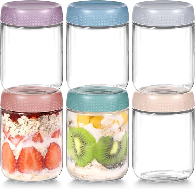 6 Pack Overnight Oats Containers with Lids, Wide Mouth Mason Jars 16oz, Glass Food Storage Containers with Airtight Lids, Overnight Oats Jars for Yogurt, Salad, Cereal, Snacks, Chia Pudding