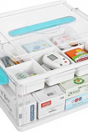 24QT Clear Medicine Storage Box, Large Capacity First Aid Box with Tray, Plastic Medicine Organizer Boxes with Handle, Medical Supply Organizers with Lid, Multipurpose Medication Storage
