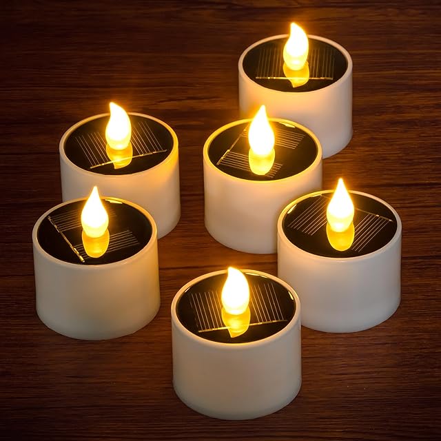 6 Pack Warm White Solar Powered Outdoor Waterproof LED Tea Lights, Rechargeable Flameless Flickering Solar Tealights Battery Operated, Flicker LED Votive Candles for Garden Lantern Decorations