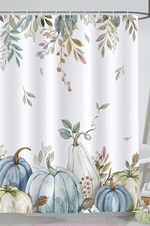 Bonhause Fall Pumpkin Shower Curtain Autumn Leaves Thanksgiving Decorative Bath Curtain 72 x 72 Inch Polyester Fabric Waterproof Bathroom Curtain with 12 Hooks