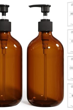 2PCS Amber Dish Soap Dispenser for Kitchen (16 Oz), Brown Hand Soap Dispenser for Bathroom, Plastic Soap and Liquid Dispenser Set with Rust Proof Pump, Refillable Soap Pump Bottles, Waterproof Labels