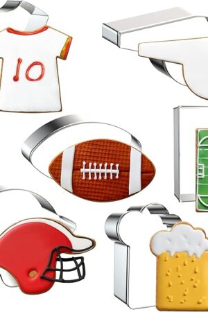 6PCS Football Cookie Cutters Set, 3 Inches Cookie Cutter Football Shapes for Baking-Football, Jersey, Whistle, Helmet, Beer Mug, Ball Park Cookie Cutters for Homemaking