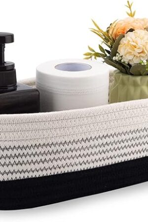 Cotton Rope Toilet Basket Bathroom Decor Baskets, Toilet Paper Holder Basket, Farmhouse Home Decor Organizing Small Baskets 13"x5.9"x4" Black