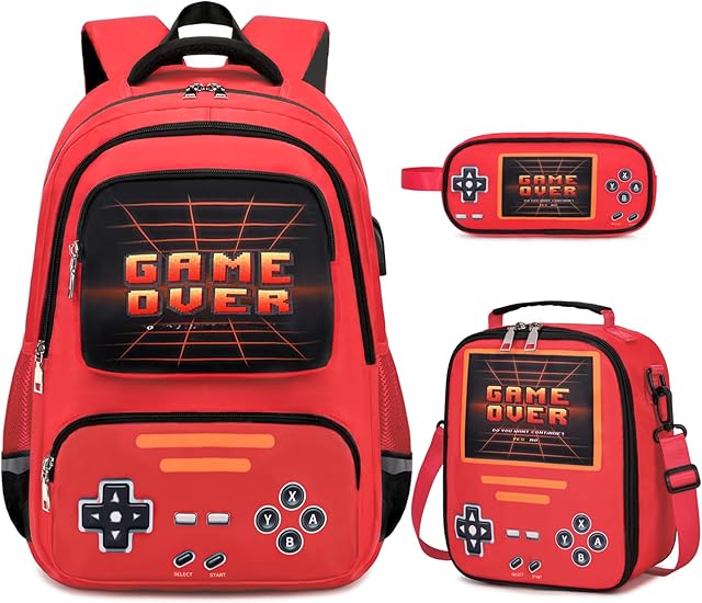 Gamer Backpack for Boys - Cool Luminous School Bag with Lunch Bag Pencil Case - Kids Boys Backpack Elementary Middle School Book Bags for Teen with USB Charging Port (Red