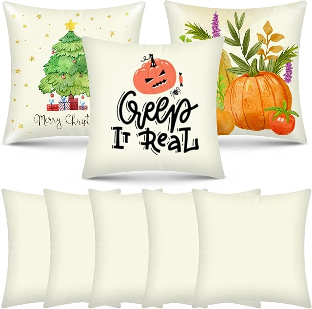 8 Pack 17.7"X17.7" Sublimation Blanks Pillowcase, Sublimation Pillow Cases Natural, Cushion Covers Blanks, Throw Pillow Covers for DIY Halloween Decor, Heat Transfer Painting Christmas Craft Gift