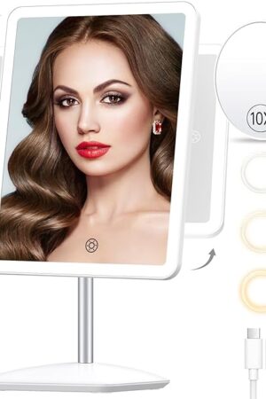 COSMIRROR Makeup Mirror with Lights, Rechargeable 2000mAh Lighted Makeup Mirror with 10X Magnification, 360°Rotation Makeup Vanity Mirror with 3 Color Light, Touch Control Light up Mirror for Makeup