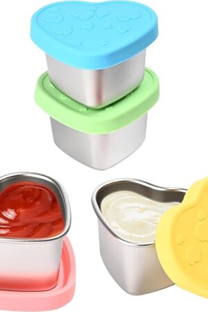 4 Pcs Heart-Shaped Salad Dressing Container to go, 2.1 Oz Stainless Steel Small Condiment Containers with Lids, Reusable Meal Prep Sauce Cups for Lunch Bento Box, Work, Picnic (4)