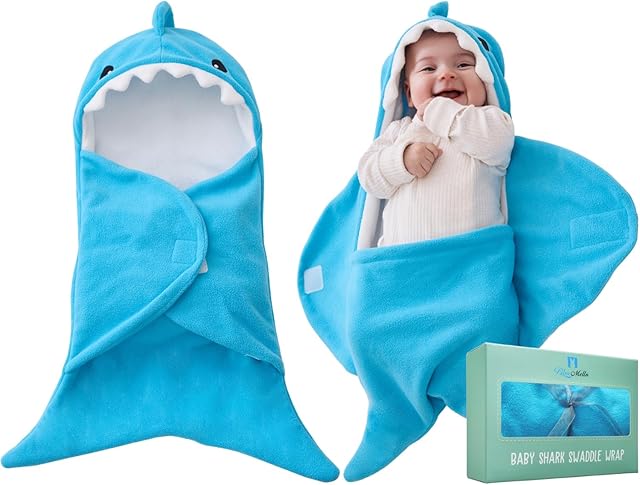 BlueMello Baby Shark Swaddle Blanket | Ultra-Soft Wearable Essential for Infants 0-6 Months | Adorable Shark Receiving Swaddling Wrap for Newborn Boy | Perfect Baby Girl Shower Gift for Baby Registry