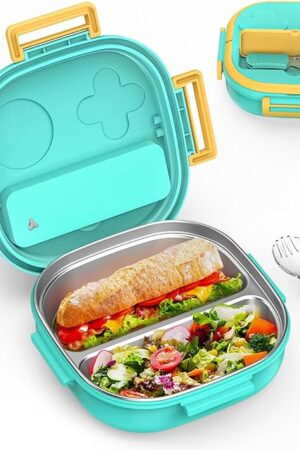 Bento Box for Kids Stainless Steel - 2-Compartment - Complete Lunch Set with Portable Utensil - Ideal for Children Under 10 Years Old - Dishwasher Safe & BPA-Free(Green)