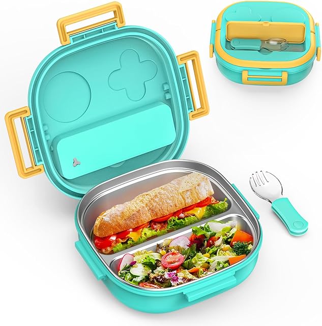 Bento Box for Kids Stainless Steel - 2-Compartment - Complete Lunch Set with Portable Utensil - Ideal for Children Under 10 Years Old - Dishwasher Safe & BPA-Free(Green)