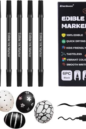 Black Edible Markers - 6PCS Double Sided Food Coloring Pens with Fine and Thick Tip, Food Grade Gourmet Writer for Cookie, Fondant, Cakes, Frosting, Baking, Easter Eggs Decorating