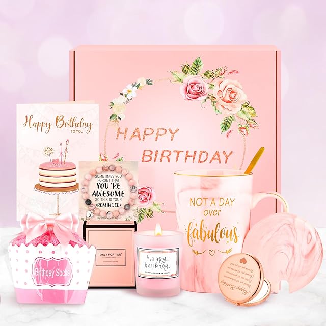 Birthday Gifts for Women Happy Birthday Gift Baskets for Women Unique Not A Day Over Fabulous Mug Gift ideas Pink Gifts Box Set Presents for Her Friends Mom Sister Wife Coworkers Daughter Aunt Mom