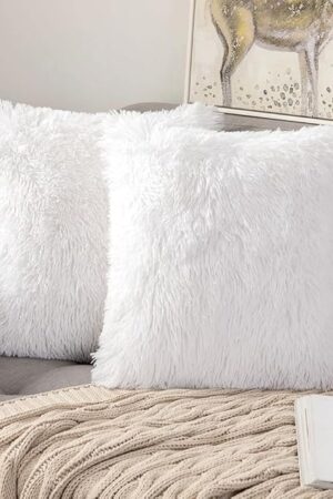 ANRODUO Pack of 2 White Throw Pillow Covers Luxury Fluffy Pillows Faux Fur Decorative Pillows Plush Cushion Case Fuzzy Mongolian Merin Style for Bed Couch Sofa Living Room Fall Home Decor 18x18 Inch