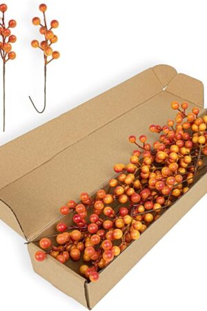 Artificial Berry Stems 32 Pack Fall Floral Picks and Sprays 6.5 Inch Small Orange Berry Branches for Autumn Thanksgiving Christmas Tree DIY Decorations