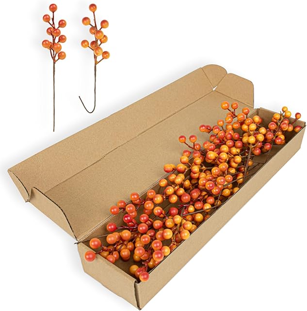 Artificial Berry Stems 32 Pack Fall Floral Picks and Sprays 6.5 Inch Small Orange Berry Branches for Autumn Thanksgiving Christmas Tree DIY Decorations