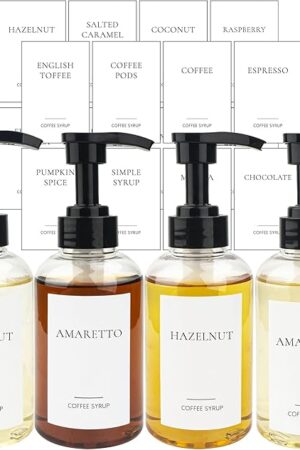 4 Pieces Coffee Syrup Dispenser Bottle 300ml PET Black Pump Bottles with Labels for Coffee Bar Organization