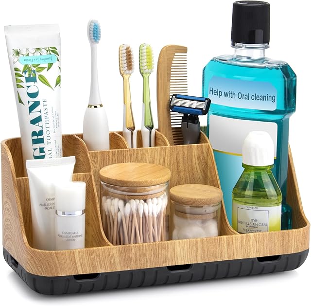 Bathroom Organizers and Storage - Detachable 7 Slots Kids Electric Toothbrush and Toothpaste Holde Drainage for Bathroom Accessories Organization Counter Vanity Storage, Wood