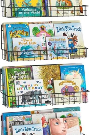 Wall Mounted Metal Kids Bookshelf, Floating Book Shelves for Kids Nursery Toddler Classroom, Hanging Book Shelf Organizer for Room Decor, Black, Set of 4