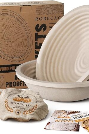 Wood Pulp Banneton Bread Proofing Baskets Set of 2, 9 Inch Round 2.2LB Sourdough Banneton Basket with Liner, Non-Stick Dough Proofing Bowl for Rising and Baking