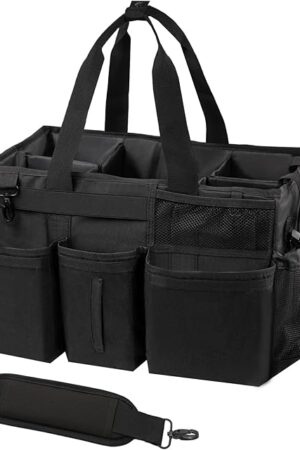 Wearable Cleaning Caddy Organizer with Handle & Shoulder Straps for Housekeepers, Under Sink & Car Cleaning Tool Organizer Bag with 4 Foldable Dividers (Black)