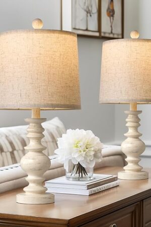 BOBOMOMO Tradition 20.5" Rustic Table Lamp Set of 2 for Living Room Farmhouse Bedside Desk Lamps Bedroom Nightstand Vintage Lamps Linen Washed（Suitable for Decorating Small Areas）