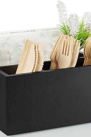 DRASTAR Silverware Caddy, Wooden Utensil Holder, Picnic Cutlery Holder, Black Silverware Holder, Plastic Silverware Caddy for Party, Countertop, Camping