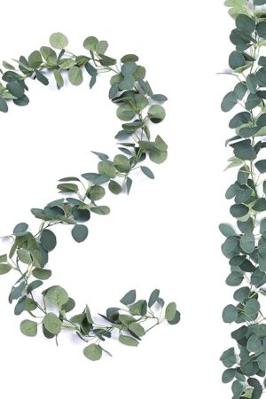 2 Pack Artificial Eucalyptus Garland Faux Silk Leaf Silver Dollar Eucalyptus Leaves Vines Handmade Garland Greenery Wedding Backdrop Indoor Outdoor Arch Wall Decoration