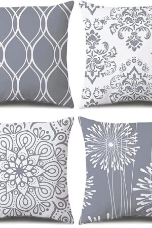 Coliuso Decorative Throw Pillow Covers 18x18 Set of 4, Grey and White Modern Simple Square Pillow Case Cushion Cover for Sofa Couch Farmhouse Outdoor Living Room (Gray and White, 18" x18")