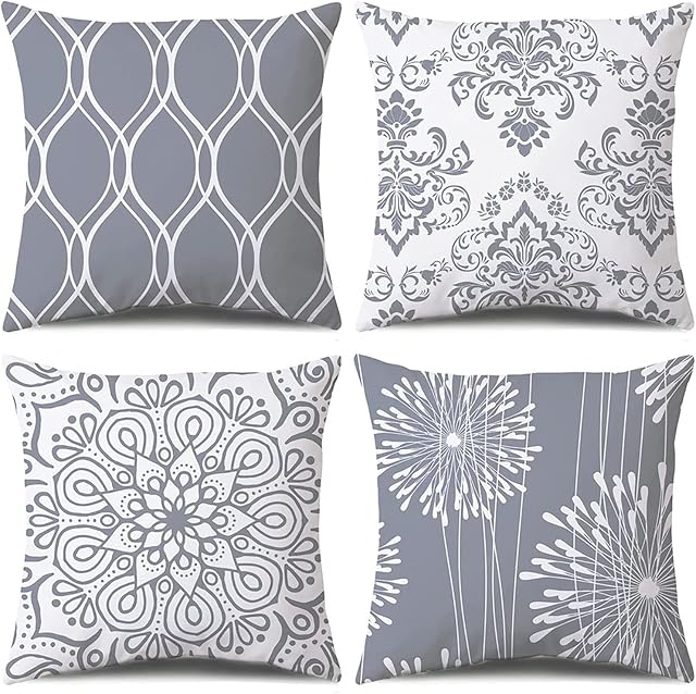 Coliuso Decorative Throw Pillow Covers 18x18 Set of 4, Grey and White Modern Simple Square Pillow Case Cushion Cover for Sofa Couch Farmhouse Outdoor Living Room (Gray and White, 18" x18")
