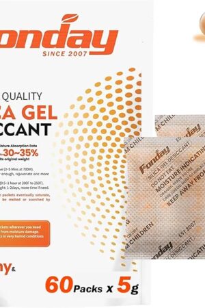 5Gram 60Packets Fonday Rechargeable Silica Gel Desiccant Packets Food Grade Fast Reactivate Desiccant Bags Moisture Indicating Orange to Green