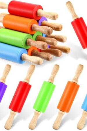 10 Pcs Small Rolling Pin Kids 9 Inch Mini Rolling Pin Silicone Wooden Cooking Pins Baking 5 Colors Non Stick Kids with Wooden Handle for Kitchen Dough Cookie Pastry Fondant Cake
