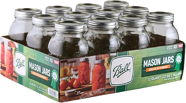 Ball - 32 oz Regular Mouth Glass Mason Jars | 12 Pack Jars | with Airtight Lids & Bands | Large Glass Jar for Food Storage with Lids| Ideal for Canning, Fermentation, Pickling, Kombucha Brewing
