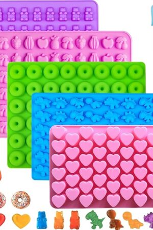 5 Pcs Silicone Gummy Candy Molds, Non-Stick Gummy Bear Mold Chocolate Molds BPA Free with 2 Droppers Including Mini Dinosaur, Bear, Heart, Fruit and Donut (Multicolor)
